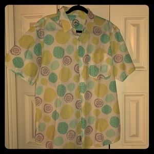 Green, gray, and teal patterned button up shirt